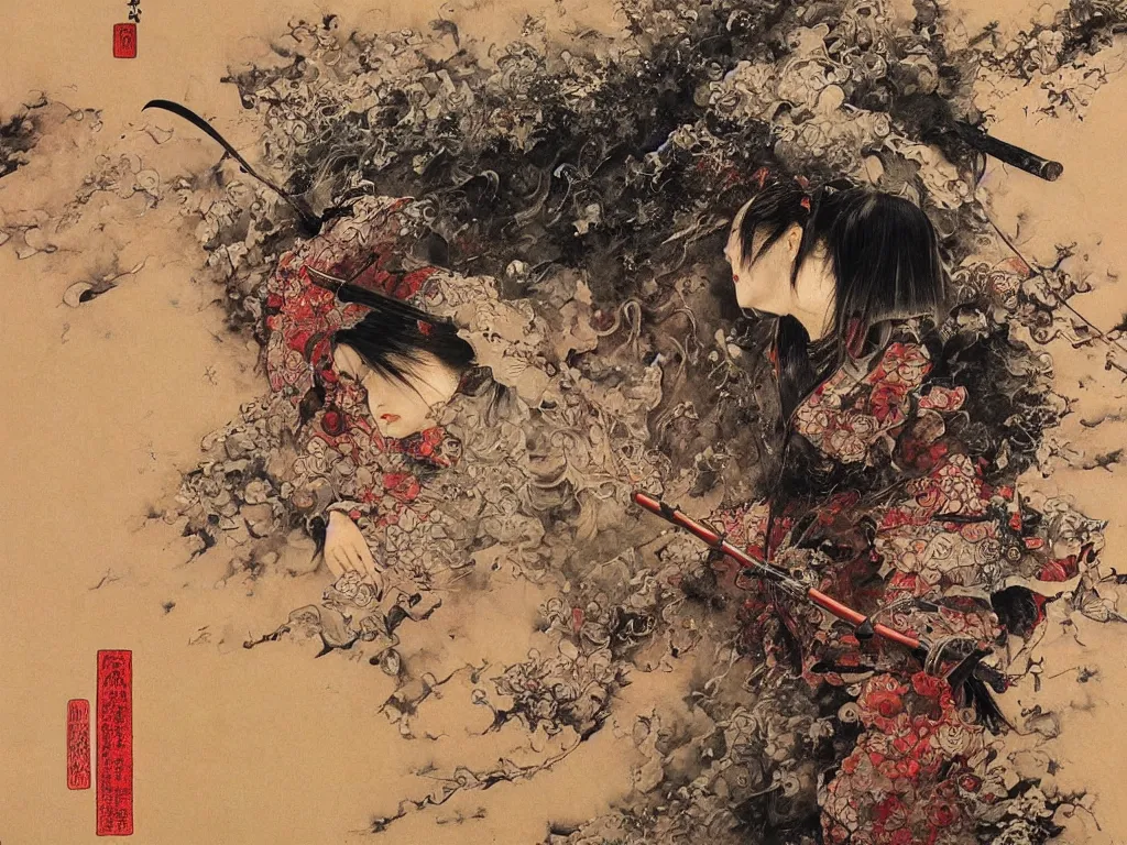 Image similar to Japanese schoolgirl runs away from Samurai with a katana on the subway, high detailed Beksinski painting, part by Adrian Ghenie and Gerhard Richter. art by Takato Yamamoto. masterpiece