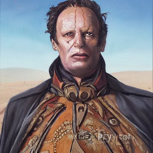 Prompt: an oil painting portrait of the Barron Harkonnen from the novel Dune by Karl Bryullov