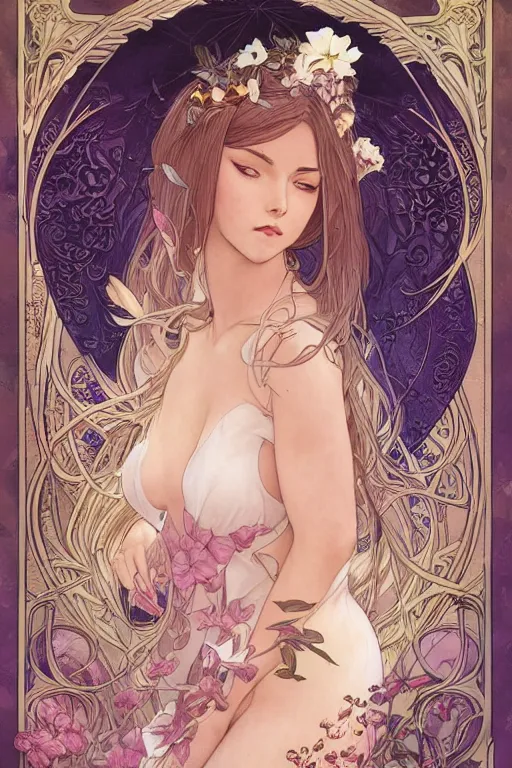 Image similar to Art Nouveau Queen of the moon, Lush Garden Leaves and Flowers, Sensual Angelic woman in a manga cover style, full body image, headshot, D&D, fantasy, highly detailed, digital painting, artstation, concept art, sharp focus, illustration, art by artgerm and greg rutkowski and alphonse mucha