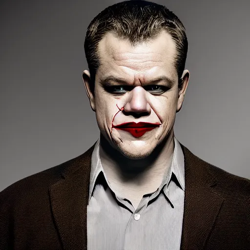 Image similar to matt damon as the joker from batman