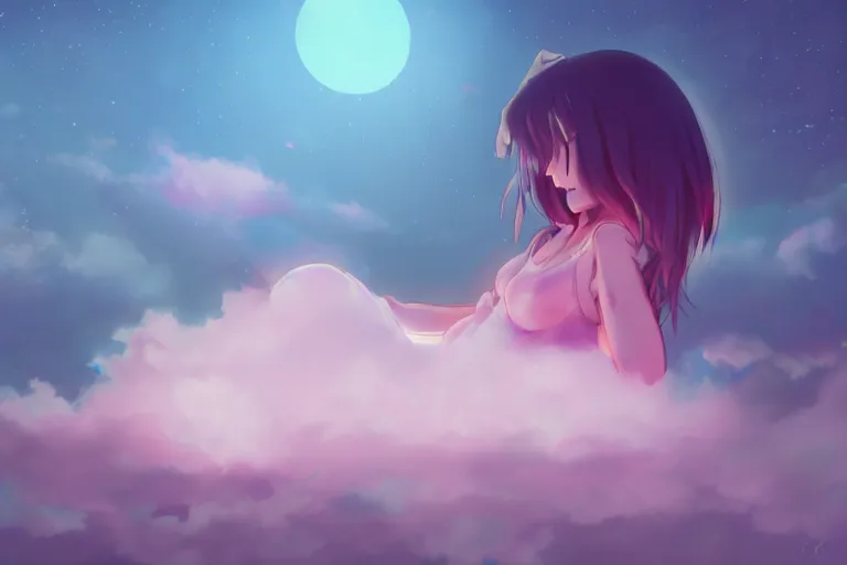 Image similar to a cute anime girl sleeping on a cloud, misty, glows, digital art, hazy, foggy, ambient lighting, 8 k, neon, synthwave,