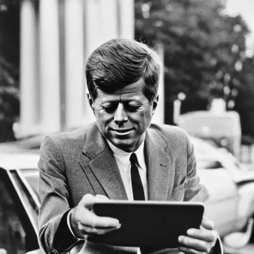 Image similar to 1 9 7 0 s vintage photograph of john f kennedy using an ipad, very detailed, very intricate,