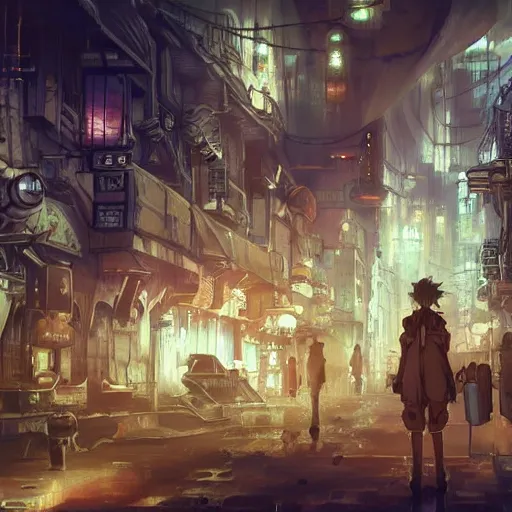 Image similar to screenshot from an anime, hd, artstation, sci-fi, anime in a steampunk city