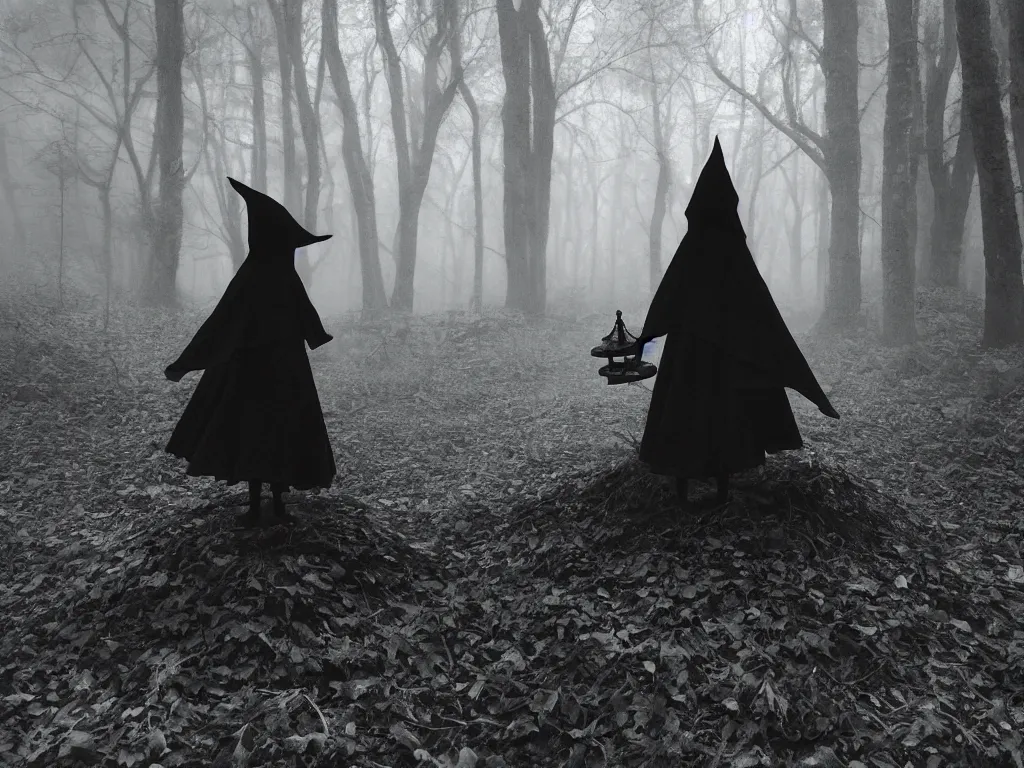Image similar to cute gothic fumo plush witch girl ventures deep into the forbidden forest, black and white, ancient pagan monument summoning circle, volumetric fog and smoke, the bog of dark abyss, vray