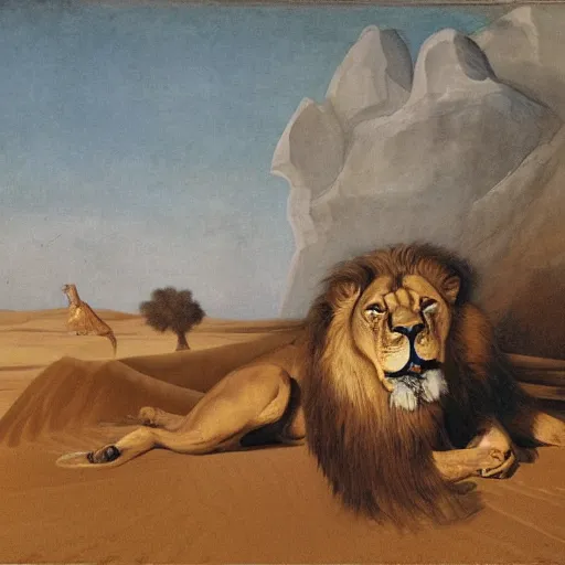 Prompt: Somewhere in sands of the desert, a shape with lion body and the head of a man, is moving its slow thighs, while all about it reel shadows of indignant desert birds, painted by Diego Velazquez