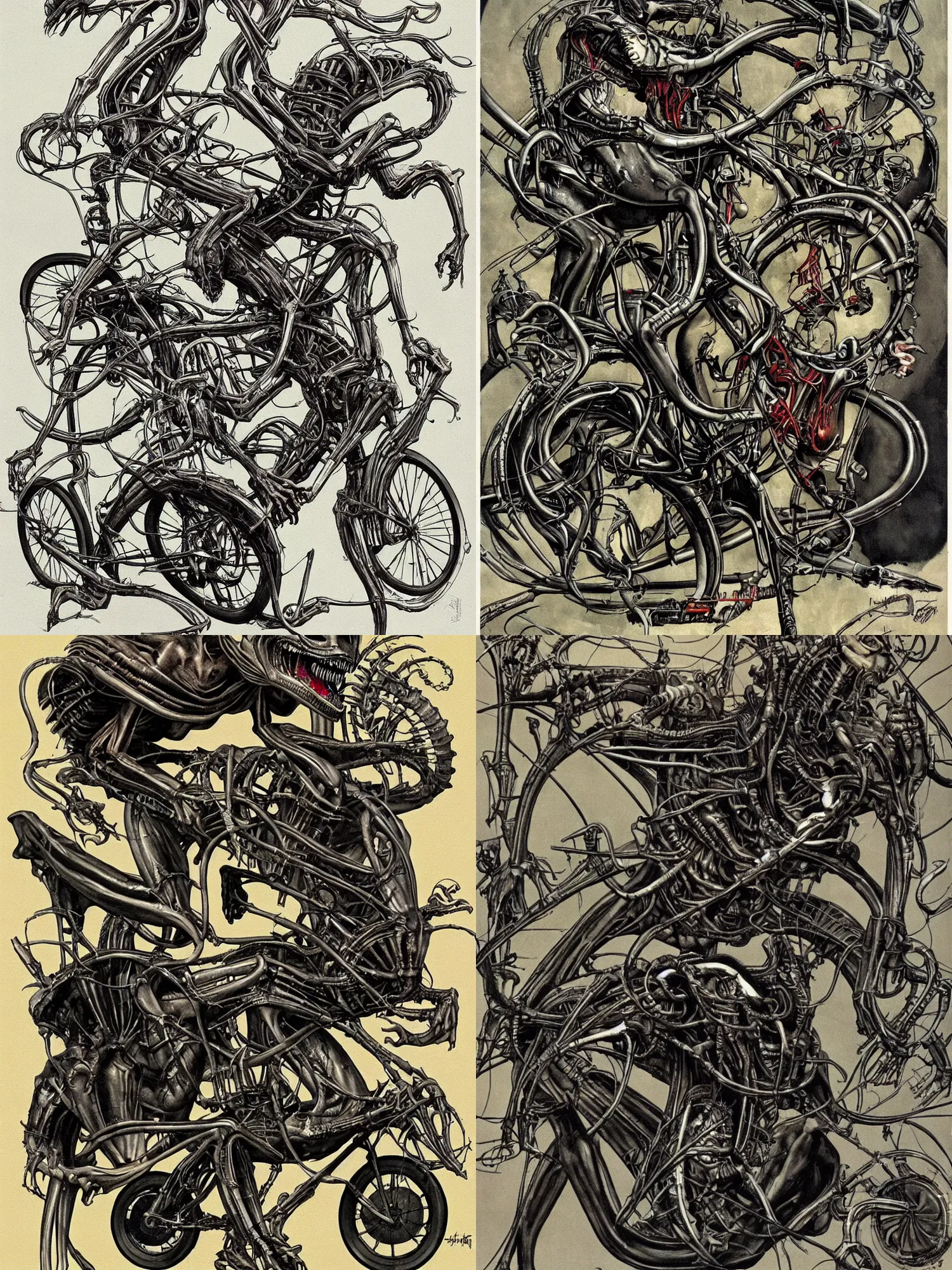 Prompt: a xenomorph by hr giger riding a bicycle art style norman rockwell