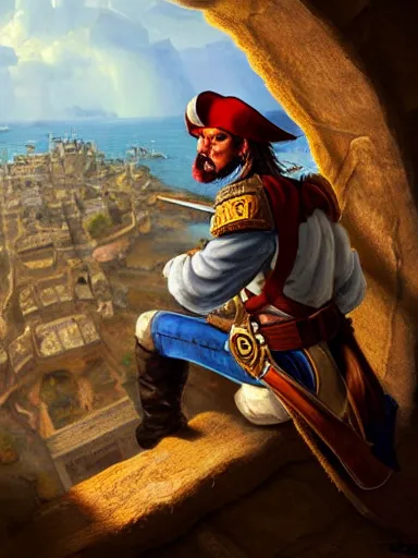 Prompt: captain pirate looking trough a lunette. from the top of a stone fort. intricate, elegant, highly detailed, digital painting, artstation, concept art, sharp focus, illustration, by justin gerard and artgerm, 8 k