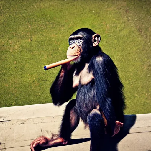 Image similar to a high detail shot of a chimp wearing a suit and smoking