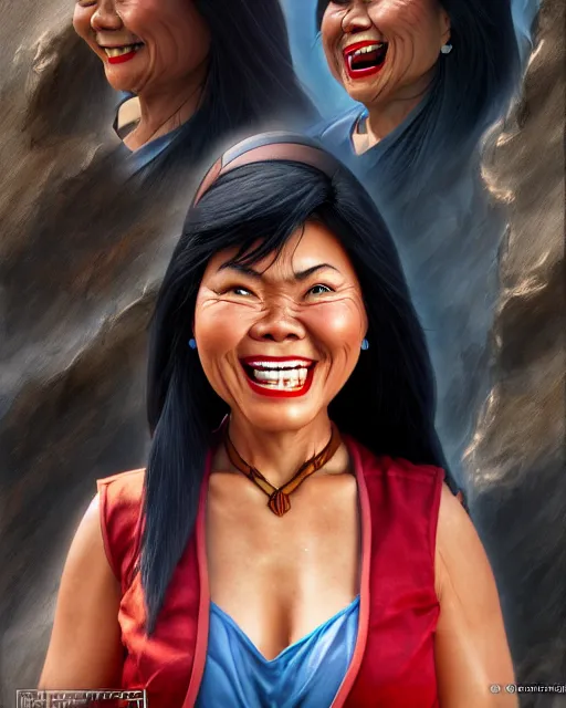 Image similar to grinning heavy filipina woman character portrait, by don bluth, sci - fi environment, highly detailed, dynamic shadows, 4 k, wallpaper - 1 0 2 4