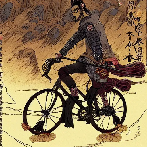 Image similar to japanese samurai riding a bicycle that looks like Borderlands and by Feng Zhu and Loish and Laurie Greasley, Victo Ngai, Andreas Rocha, John Harris