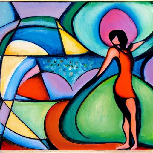 Prompt: woman dancing with a triquetra by the ocean while the waves crash on the seashore, high quality art in the style of cubism and geogia o keefe