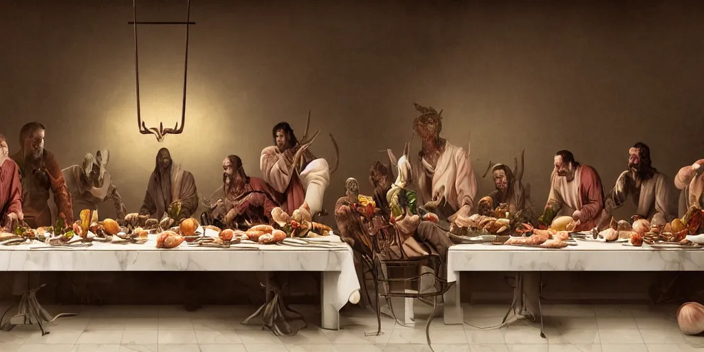 Image similar to !13 hungry cannibals making a rich salad around a marble table, !positioned as last supper cinematic lighting, dramatic framing, highly detalied, 4k, artstation, by Rene Lalique and Wayne Barlowe