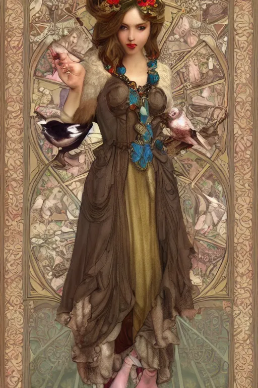 Image similar to 3 d render of english princess holding birds, ornaments, mucha vibe, dieselpunk, solarpunk, artstation