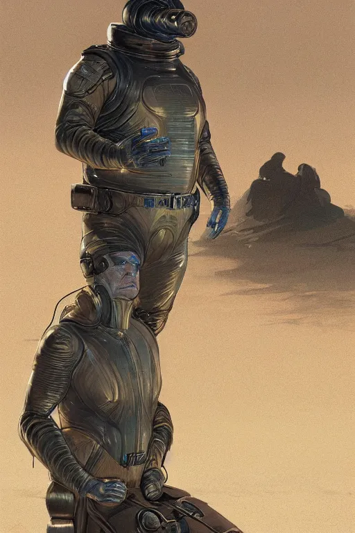 Image similar to baron harkonnen wearing leather spacesuit, detailed, sand worm in the distance, illustration by normal rockwell, artstation character art, greg rutkowski