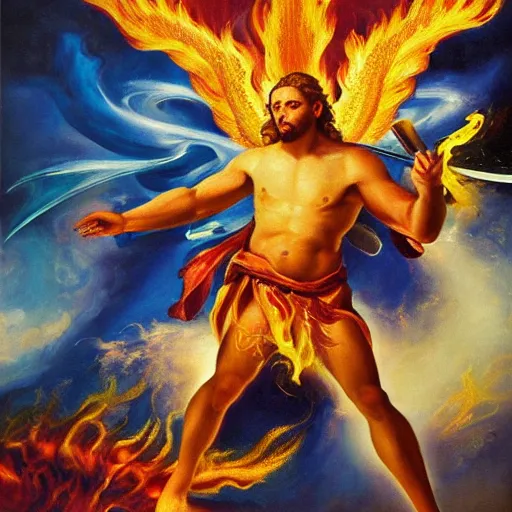 Image similar to abstract action oil painting of divine angelic man with white ancient Canaanite robes holding a flaming sword, paradise in the background, energetic