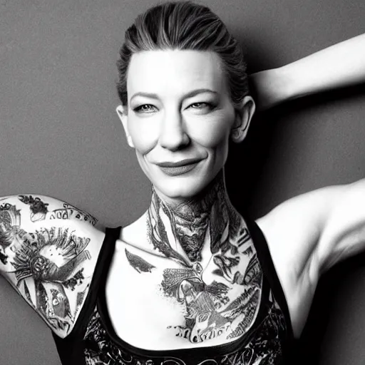 Image similar to full body tattooed cate blanchett, highly detailed, photorealistic, 4k