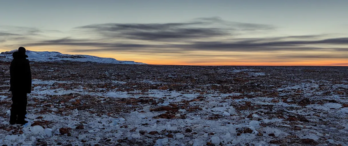 Image similar to a high quality color extreme closeup depth of field creepy hd 4 k film 3 5 mm photograph of the faint barely visible silhouette of a bulky man standing on the edge of a vista overlooking mcmurdoch station in antarctica at the beginning of sunset