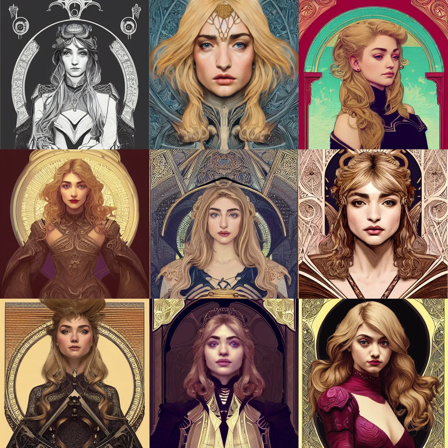 Prompt: front facing symmetrical centered portrait, Imogen Poots as a Paladin, blonde hair, Art Nouveau, beautiful retro Fantasy heroine 1985, intricate, elegant, highly detailed, centered, digital painting, trending on artstation, concept art, smooth, sharp focus, illustration, art by raphael lacoste, eddie mendoza, Mucha, alex ross, WLOP