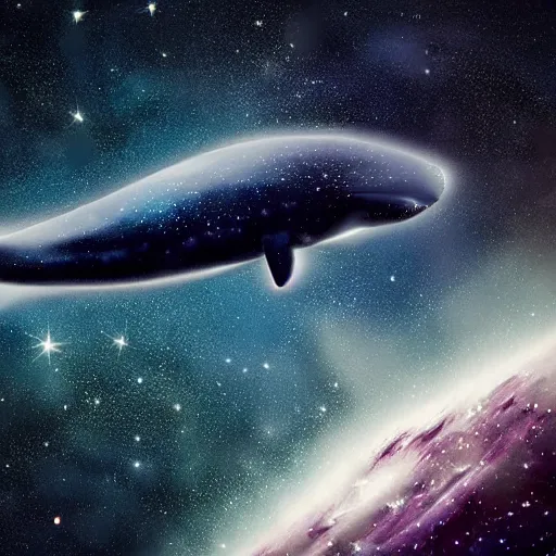 Image similar to portrait of space whale swimming on a dark night sky in space, flying across the universe, galaxies, oniric, dreamy, beautiful, highly detailed, realistic, cinematic, dynamic composition