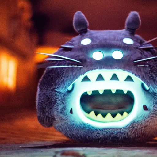 Image similar to action photograph of a terrifying totoro with glowing eyes about to attack the camera, claws, sharp teeth, aggressive violent realistic flash photography