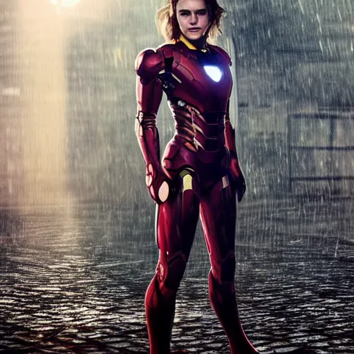 Image similar to cute emma watson wearing iron man's suite flying in new yourk, beautiful face, pale skin, rule of thirds, cinematic lighting, rainy weather, melancholy atmosphere, sharp focus, backlit, stunning, smooth, hard focus, full body shot, instagram photo, shot on sony a 7 iii, hyper realistic