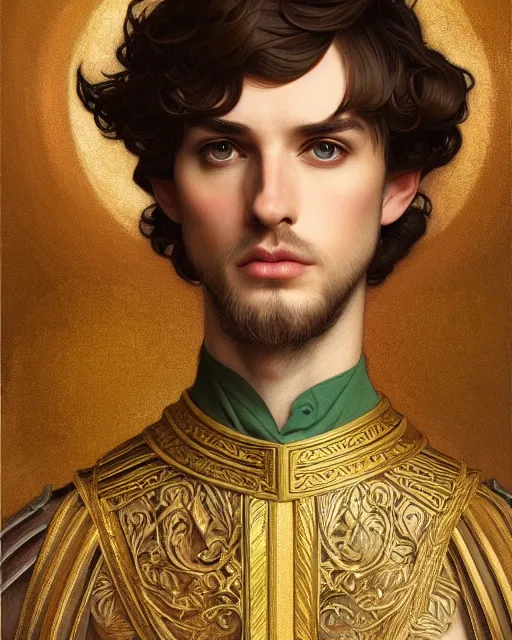 Prompt: symmetry portrait of welsh brunette prince in mans tunic, glam, fae, short hair, forest background, intricate, elegant, highly detailed, digital painting, artstation, concept art, smooth, sharp focus, illustration, art by artgerm and greg rutkowski and fra angelico and alphons mucha