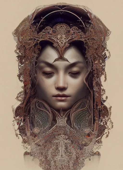 Image similar to symmetry!! asian, machine parts embedded into face, intricate, elegant, highly detailed, digital painting, artstation, concept art, smooth, sharp focus, illustration, art by artgerm and greg rutkowski and alphonse mucha, 8 k