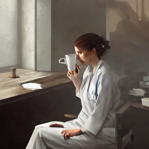 Image similar to a portrait of an nurse in a white uniform sitting and drinking coffee, Matte painting , detailed painting, greg rutkowski