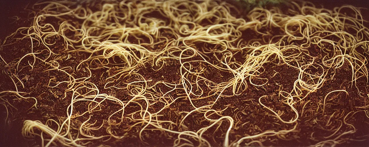 Prompt: spaghettis as mycelium, under the dirt, fine detail, canon 5 0 mm, in the style wes anderson, kodachrome