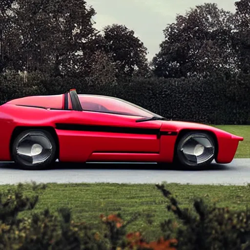 Prompt: A hypercar designed and produced by Volvo, with 1995 Volvo 480 design elements, in crimson red, promotional photo