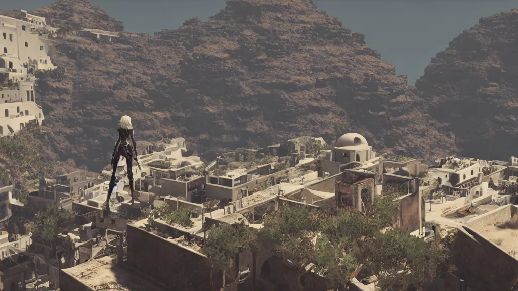 Image similar to Screenshot from Nier Automata, beautiful landscape in Santorini