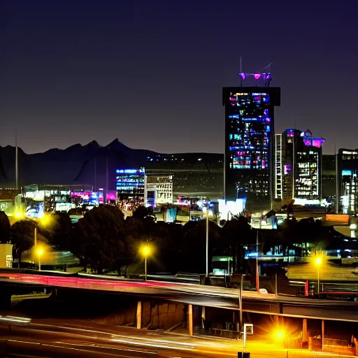 Prompt: Christchurch city skyline at night, cyberpunk style