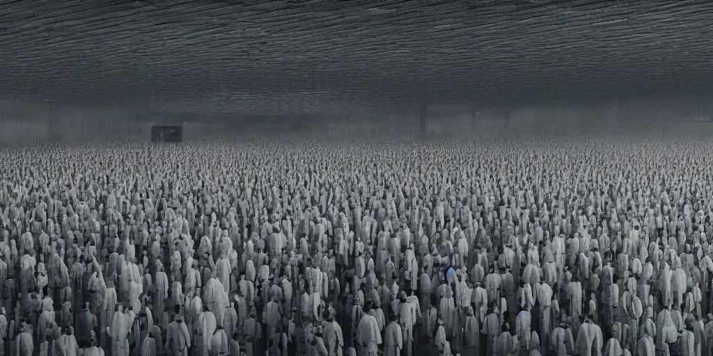 Image similar to simple photograph of an Orwellian and dystopian pale crowd, defeated and sad, head down, forced to go through security checks and biometric scans, hyper detailed, terror glows, hyper realistic, digital painting, 8k, 35mm film grain, octane render