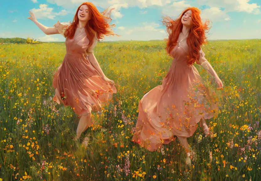 Prompt: a happy woman with copper hair and a flowing yellow sundress dancing in a field of wildflowers, with cute - fine - face, pretty face, realistic shaded perfect face, fine details by realistic shaded lighting poster by ilya kuvshinov katsuhiro otomo, magali villeneuve, artgerm, jeremy lipkin and michael garmash and rob rey