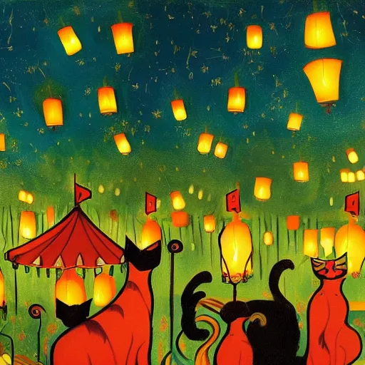 Prompt: detailed painting of cats and caterpillars at a carnival at night watching paper lanterns, in the style of eyvind earle and vincent van gogh