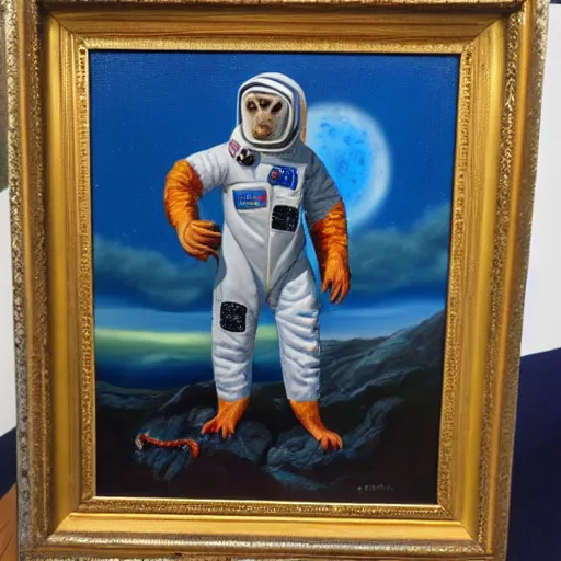 Prompt: an oil painting of a monkey wearing a spacesuit