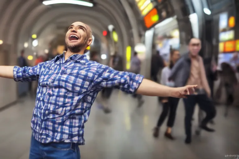 Prompt: a happy guy dancing in the metro selling things, 4k