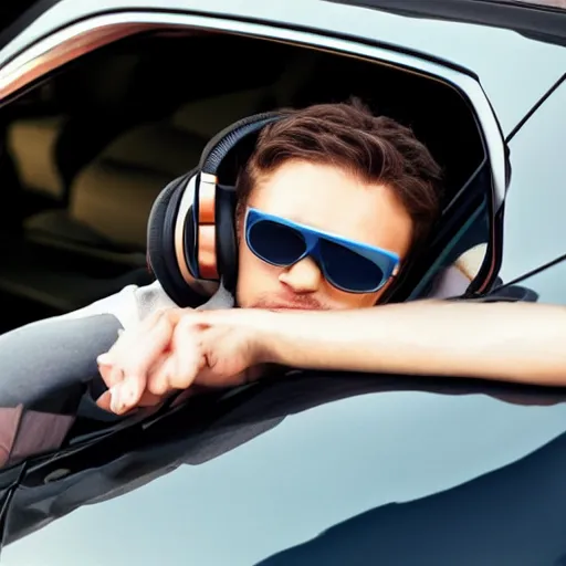 Prompt: a car with sunglasses and headphones
