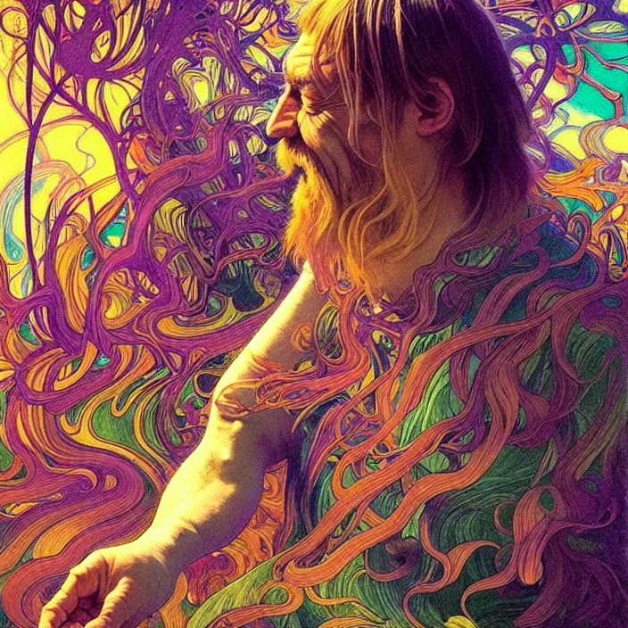 Image similar to bright psychedelic photo of robert wyatt tripping on lsd, diffuse lighting, fantasy, intricate, elegant, highly detailed, lifelike, photorealistic, digital painting, artstation, illustration, concept art, smooth, sharp focus, art by John Collier and Albert Aublet and Krenz Cushart and Artem Demura and Alphonse Mucha