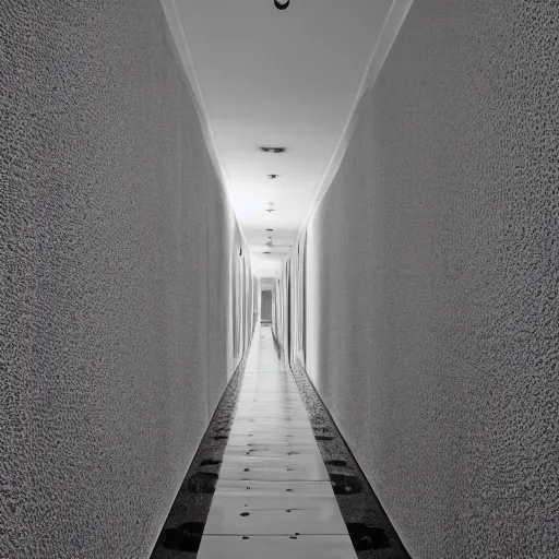 Prompt: a long endless hallway with shallow water at the bottem of it, liminal,