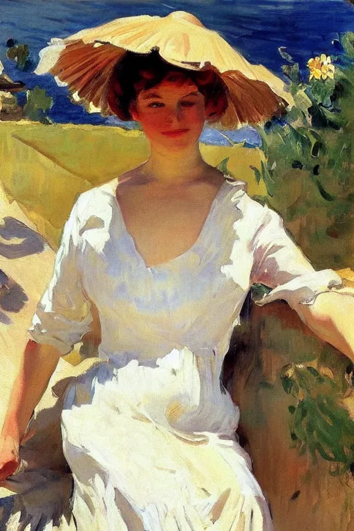 Prompt: a portrait of a beautiful woman in a summer dress by Joaquin Sorolla