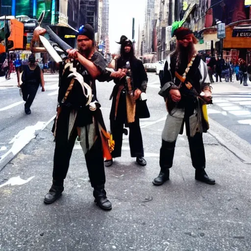 Image similar to real pirates standing with they swords ready in the middle of the road in new york city.