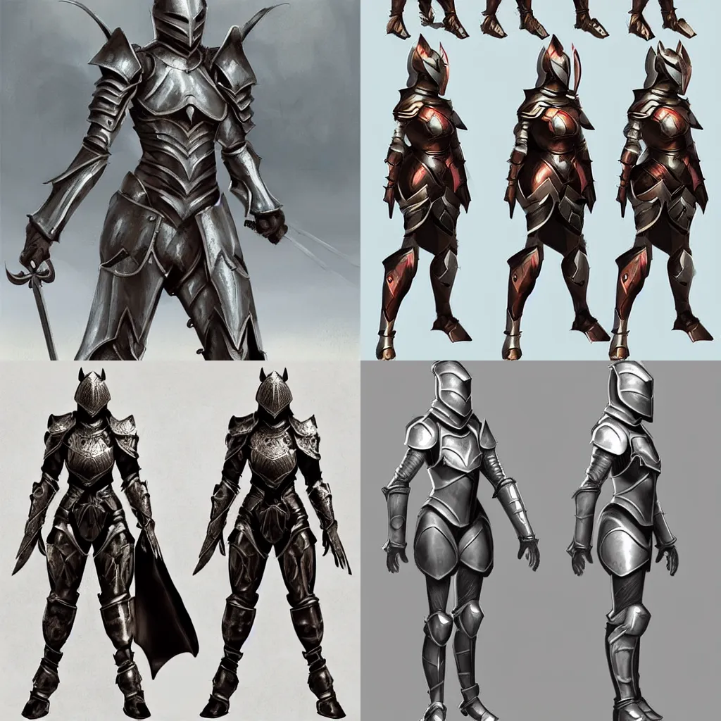 Prompt: female knight armor designs, fantasy, artstation, concept art, standing pose