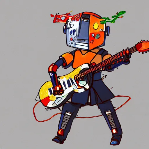 Image similar to A cell animation of a samurai robot playing guitar, Miyazaki Hayao, ghibli style, Illustration, anime, trending on artstation