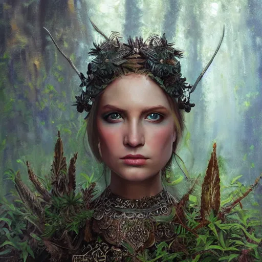 Prompt: oil painting portrait of fantasy female warrior, symmetrical face, beautiful face, shining eyes, crystals, covered in plants, standing in the mystical forest, realistic oil painting, baroque, renaissance painting, dramatic, cinematic light, trending on artstation, rule of thirds, highly detailed