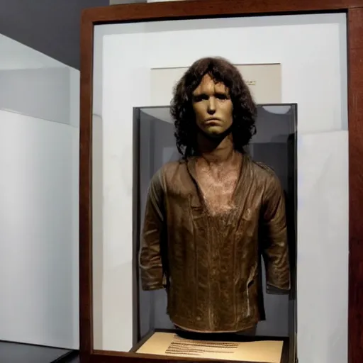 Prompt: photograph of a taxidermied jim morrison in a museum