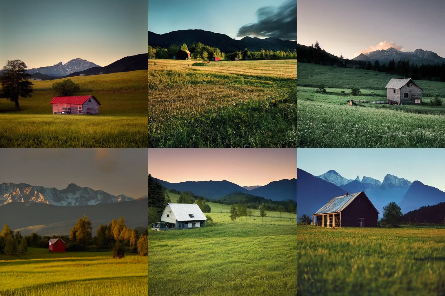 Prompt: a photo of a small farm house in a meadow at dusk with mountains in the background, photography by Gregory Crewdson