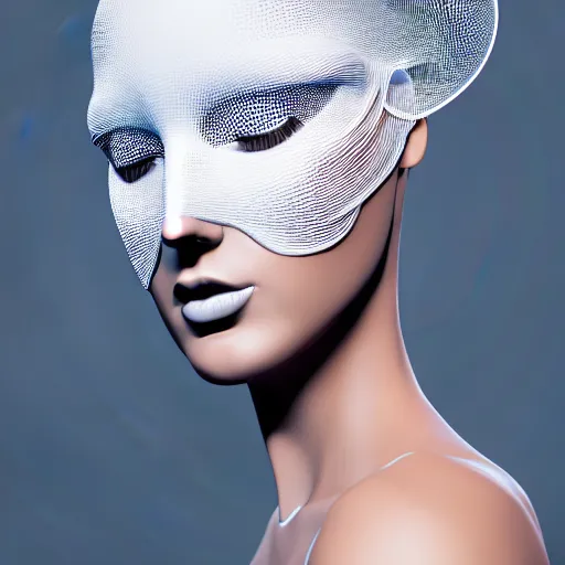 Image similar to complex 3 d render, ultra detailed, beautiful natural light, studio lights, rim light, a woman wearing a white mask with black wires on her head, featured on behance, net art, made of wire, 5 0 mm lens, elegant, hyper realistic, ultra detailed, octane render, volumetric lighting, 8 k post - production