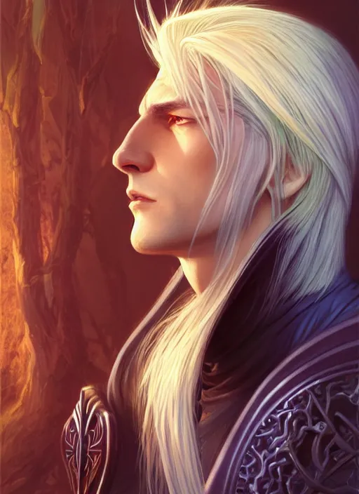 Image similar to centered portrait, Sephiroth as a male D&D Ranger, blonde hair, Art Nouveau, beautiful retro Fantasy heroine 1985, intricate, elegant, highly detailed, centered, digital painting, trending on artstation, concept art, smooth, sharp focus, illustration, art by raphael lacoste, eddie mendoza, Mucha, alex ross, WLOP