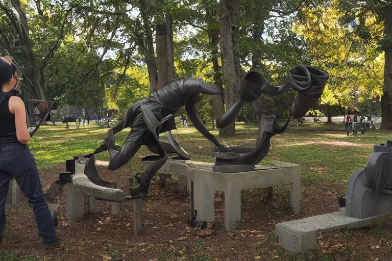 Image similar to cinematography woman welding sculpture in the park by Emmanuel Lubezki